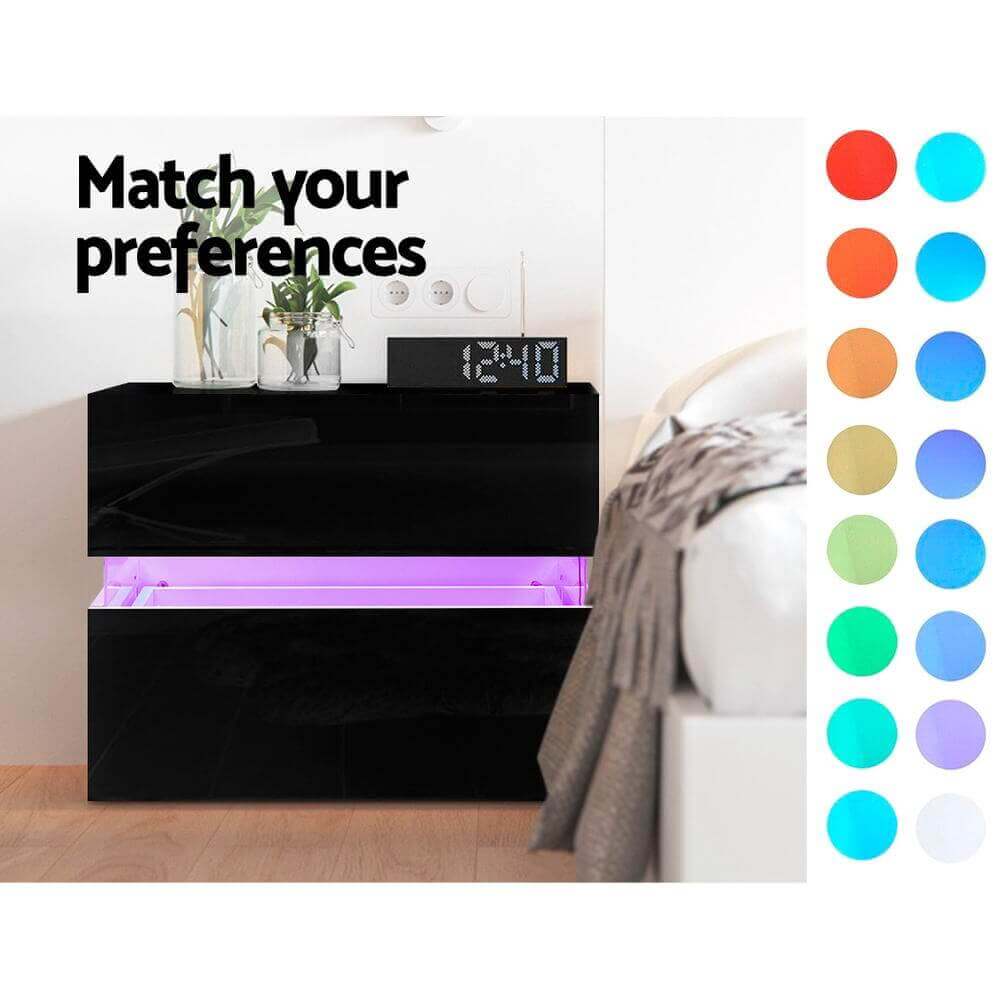 Bedside Table 2 Drawers RGB LED Side Nightstand High Gloss Cabinet - The Shopsite