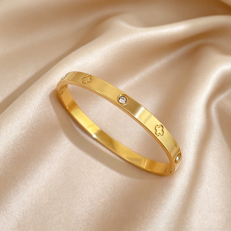 Lucky Clover Gold Crystal Bangle Bracelet