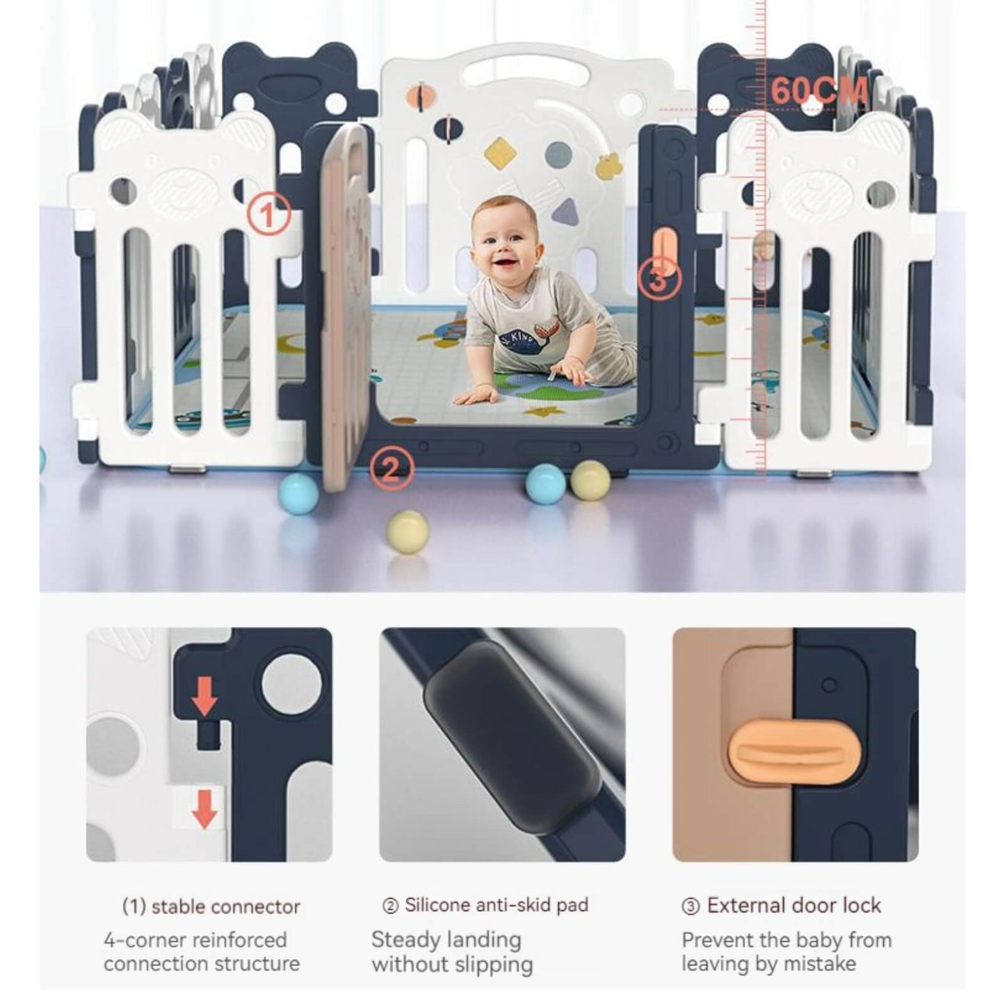 Baby Playpen 14+2 Panels (Little Bear & Bee)-Blue / White