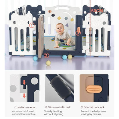 Baby Playpen 14+2 Panels (Little Bear & Bee)-Blue / White