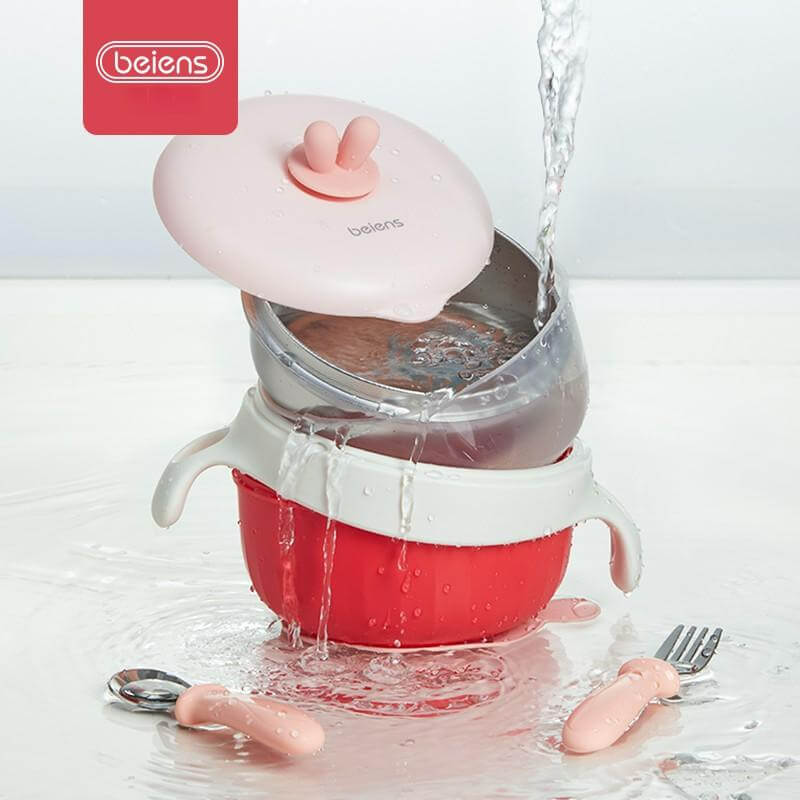 Baby Toddler Thermal Stainless Steel Suction Plate /Bowl 8 Pieces Set-Red