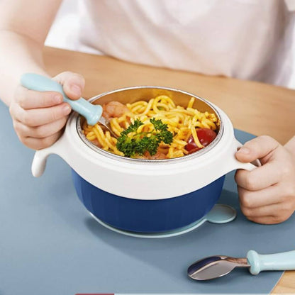 Thermal Stainless Steel Baby Toddler Suction Bowl Set (Spoon Fork )-Blue