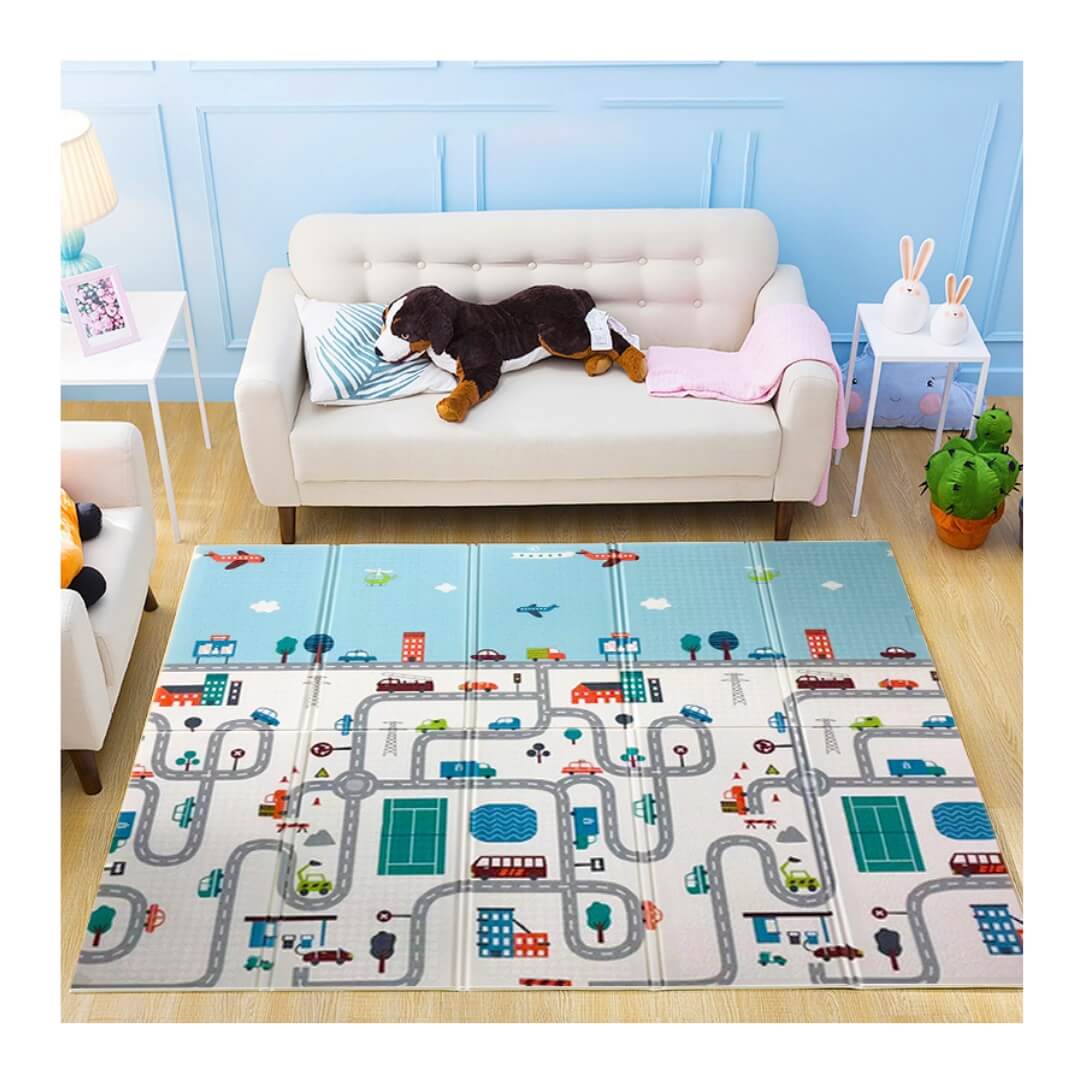 180x150x1 cm Foldable Baby Playmat with Carry Bag - City Road & Curve Both Sides-J