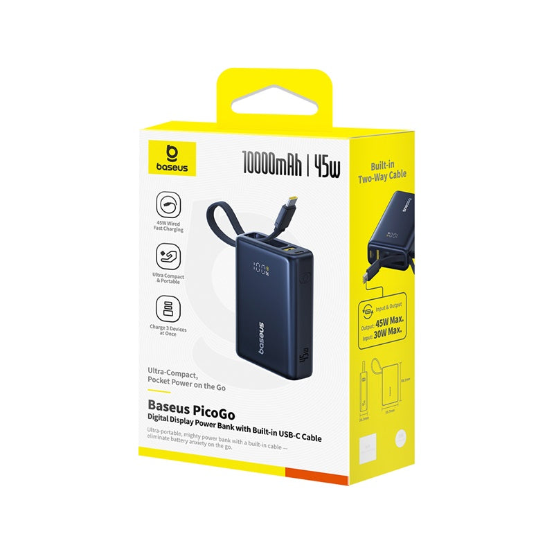 Baseus 10000mAh 45W Fast Charge Power Bank with Built-in Type-C Cable