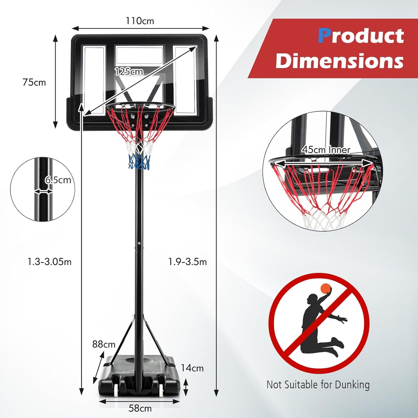 Basketball Hoop with stand height adjustable Hoop 3.05m