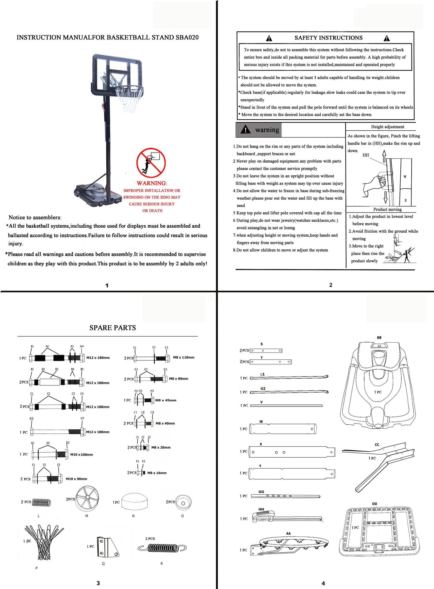 Basketball Hoop with stand height adjustable Hoop 3M