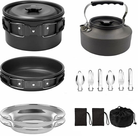 Camping Cookware Kit Aluminum Cooking Pots Water Kettle Pans Set with Stove Kettle