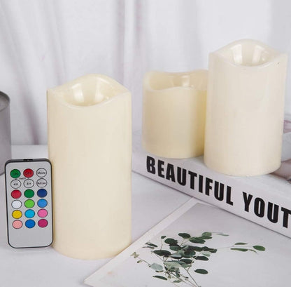 Set of 3 Remote Control LED Flameless Lights Pillar LED Year Battery Powered LED Tea Lights