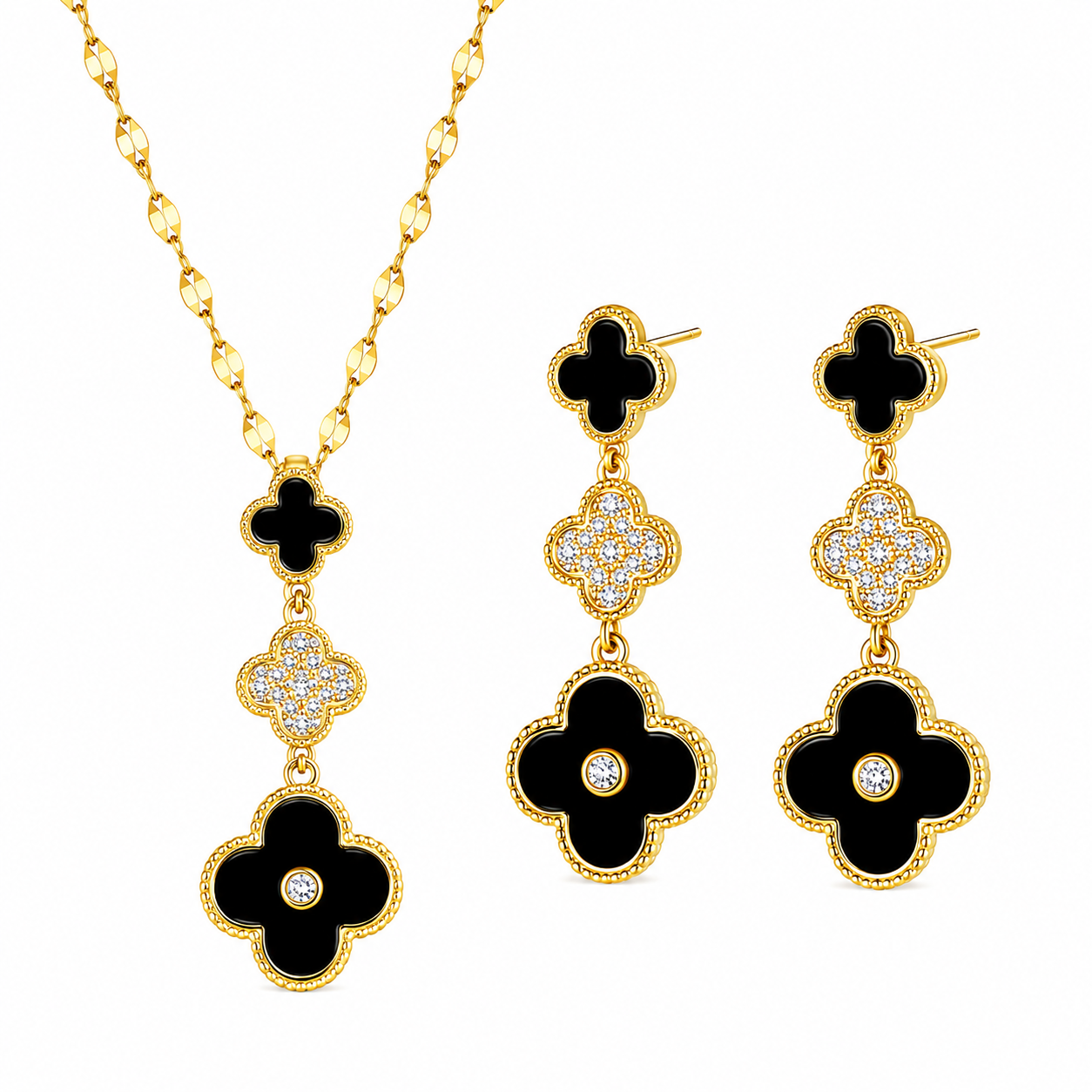 Midnight Clover Gold Necklace & Earrings Set