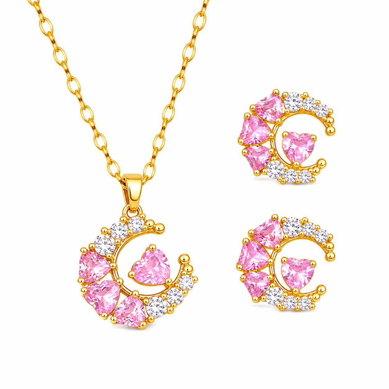 Pink Celestia Gold Crystal Necklace & Earrings Set