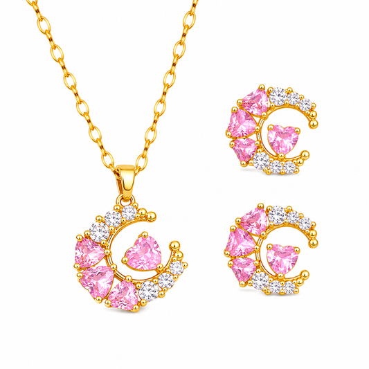 Pink Celestia Gold Crystal Necklace & Earrings Set
