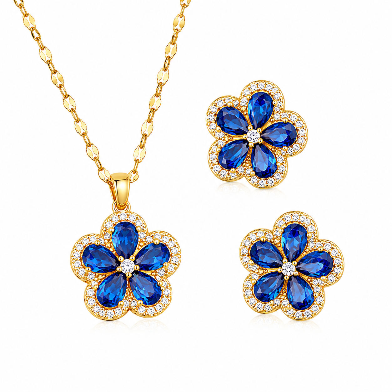 Sapphire Blossom Gold Crystal Necklace & Earrings Set