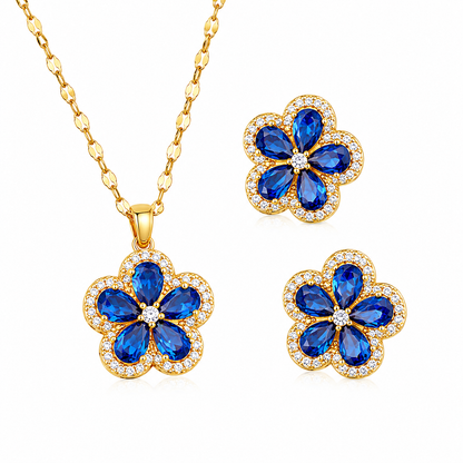 Sapphire Blossom Gold Crystal Necklace & Earrings Set