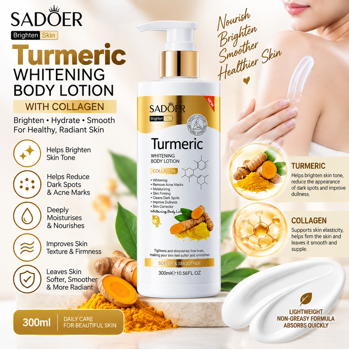 SADOER Turmeric Brightening Body Lotion with Collagen – 300ml