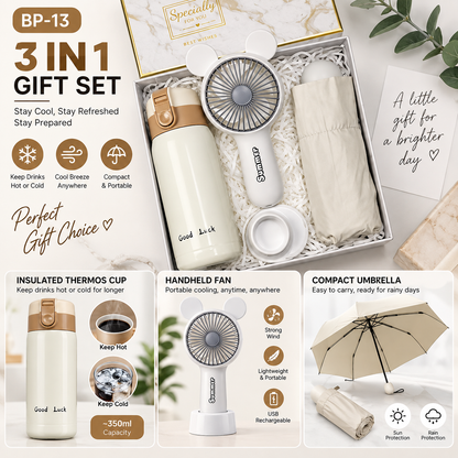3-in-1 White Gift Set – Insulated Drink Bottle + Handheld Fan + Compact Umbrella