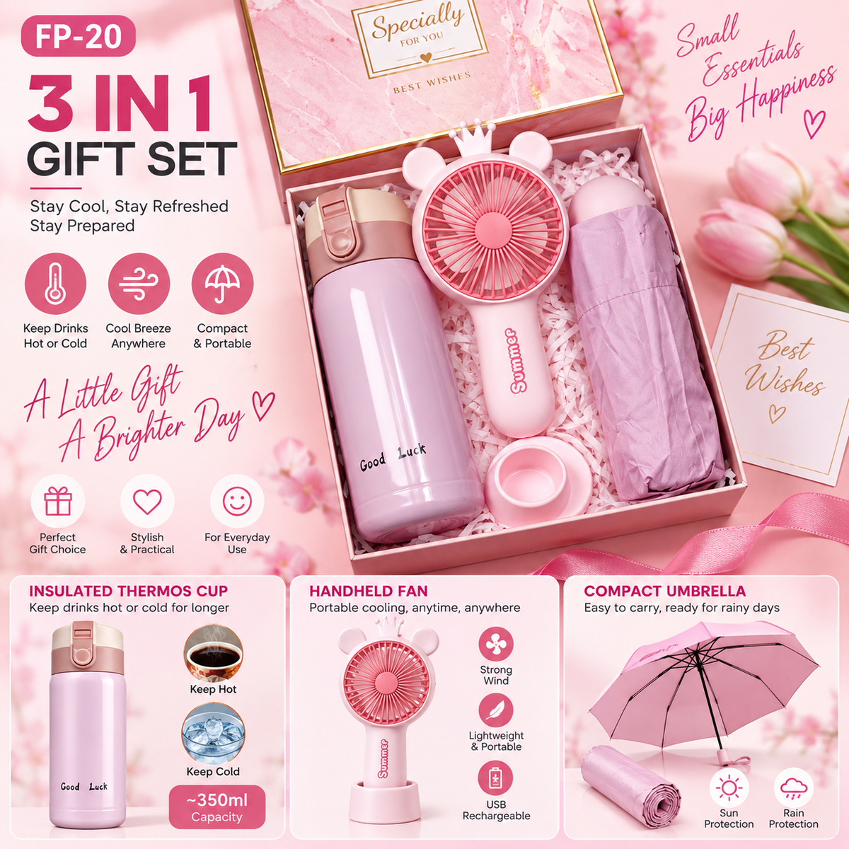 3-in-1 Pink Gift Set – Insulated Drink Bottle + Handheld Fan + Compact Umbrella