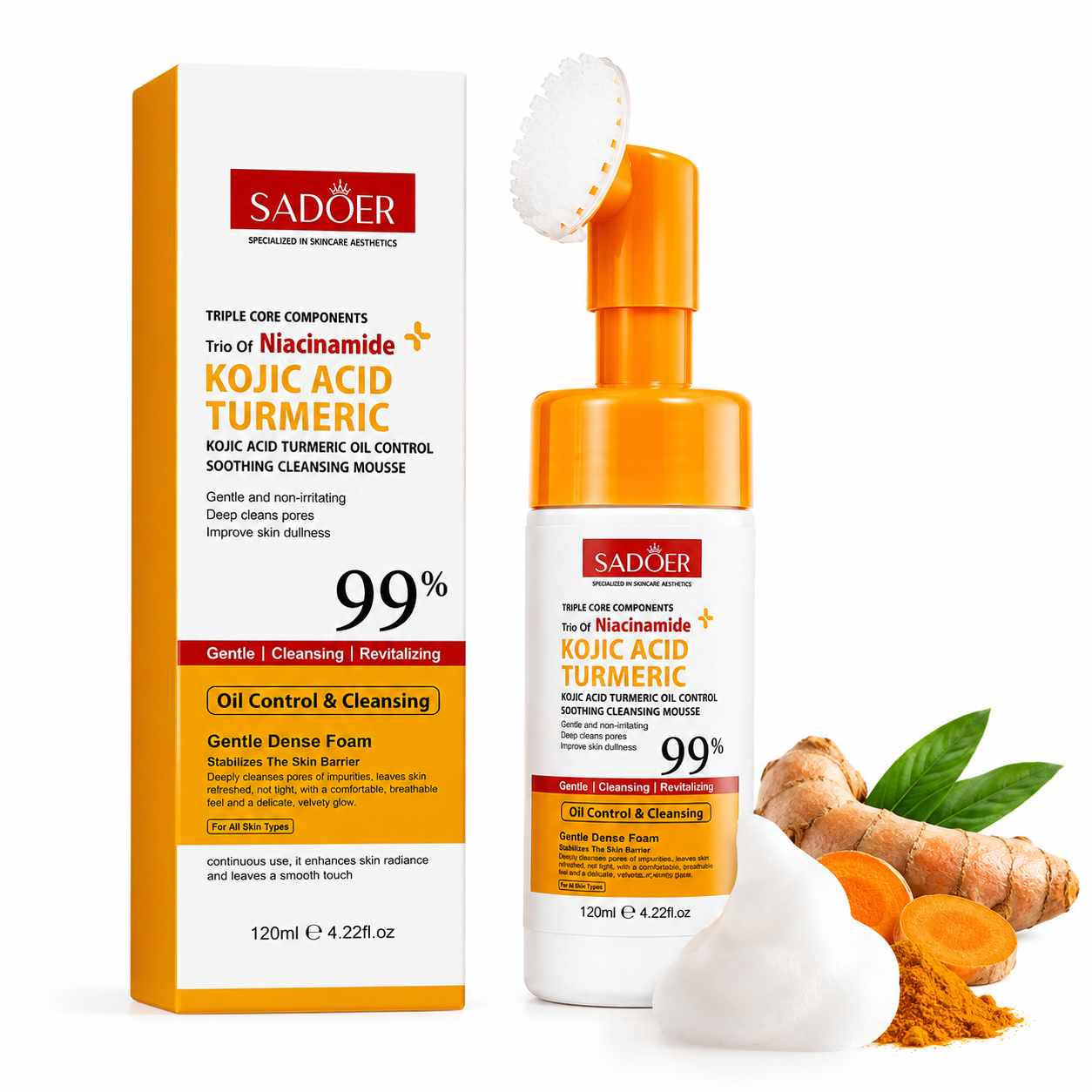SADOER Kojic Acid Turmeric Cleansing Mousse with Silicone Brush 120ml