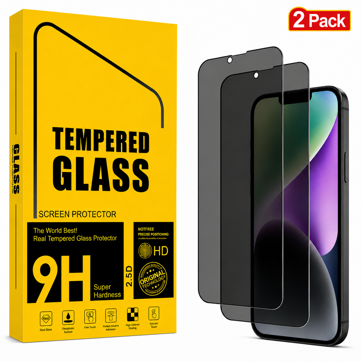 iPhone 13 Pro Privacy Tempered Glass Screen Protector (2 Pack) – 9H HD Anti-Spy, 2.5D Rounded Edge, Impact & Scratch Resistant