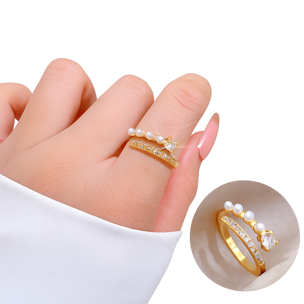 Pearl Grace Gold Crystal Adjustable Ring