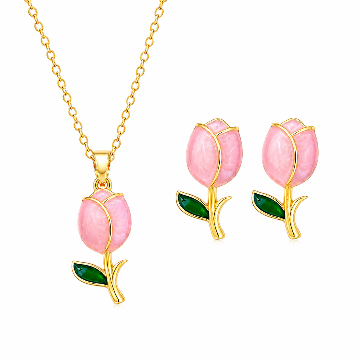 Blush Tulip Gold Necklace & Earrings Set