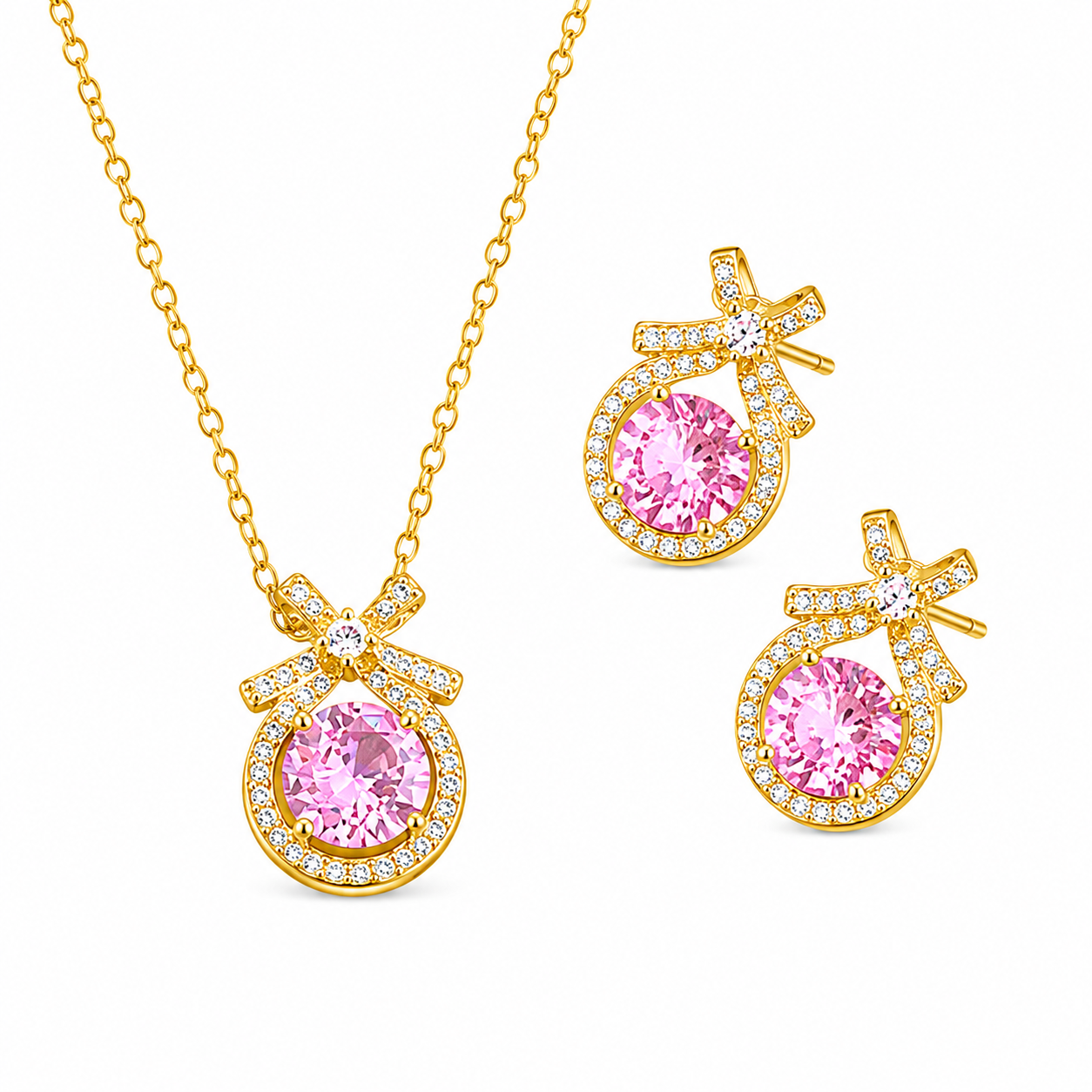 Rosabelle Pink Crystal Gold Necklace & Earrings Set