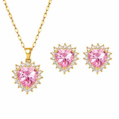 Sweetheart Pink Crystal Gold Necklace & Earrings Set