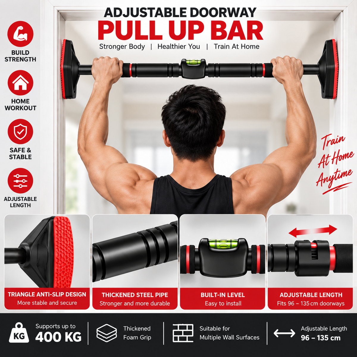 Adjustable Doorway Pull Up Bar – Heavy Duty Home Workout Bar 96–135cm