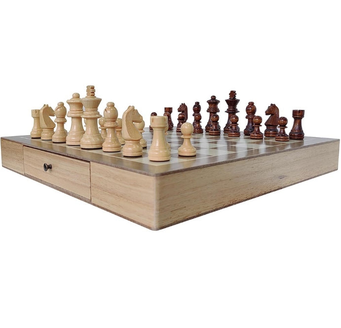 Wooden Tabletop Chess Set with Built-in Storage Drawers