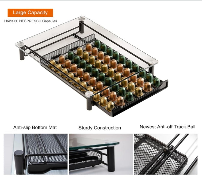 Crystal Tempered Glass Coffee Pod Storage Drawer Compatible with Nespresso
