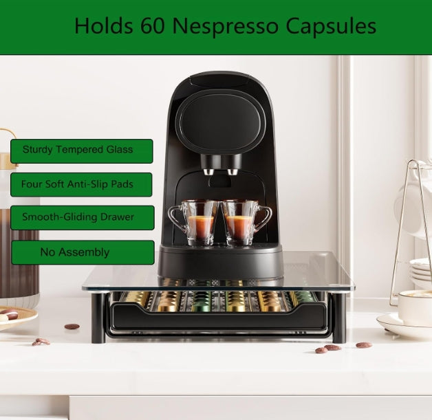 Crystal Tempered Glass Coffee Pod Storage Drawer Compatible with Nespresso