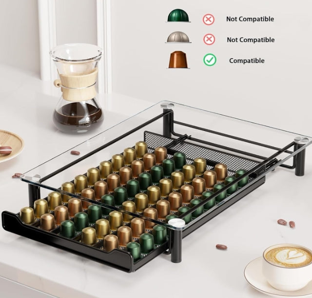 Crystal Tempered Glass Coffee Pod Storage Drawer Compatible with Nespresso