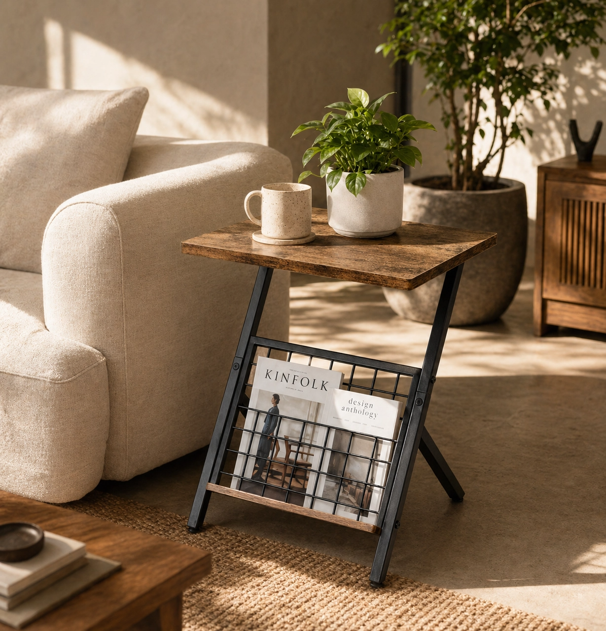 Industrial Coffee Side Table - Compact End Table with Magazine Rack