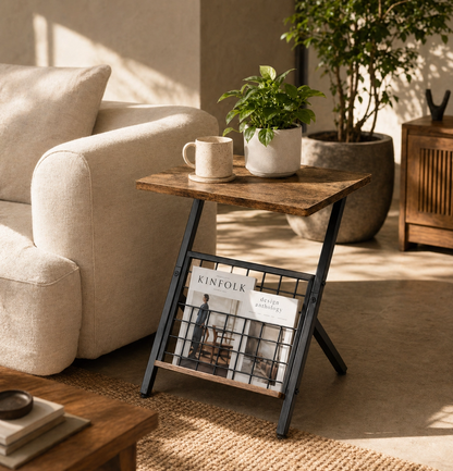 Industrial Coffee Side Table - Compact End Table with Magazine Rack