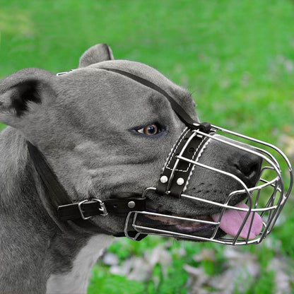 Dog Muzzle Wire Basket Amstaff Pit Bull Metal Mask Adjustable Leather Straps