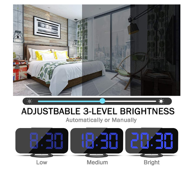 Digital Alarm Clock, 6.6" Large Mirrored LED Clock with Dual USB Charger Ports B