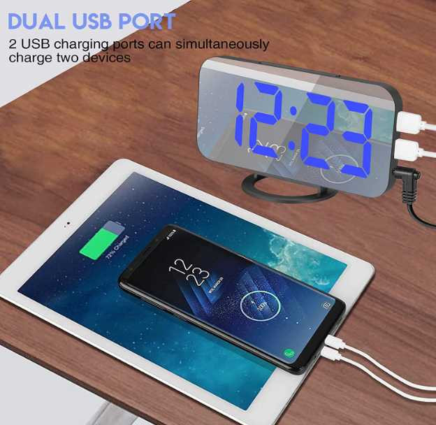 Digital Alarm Clock, 6.6" Large Mirrored LED Clock with Dual USB Charger Ports B