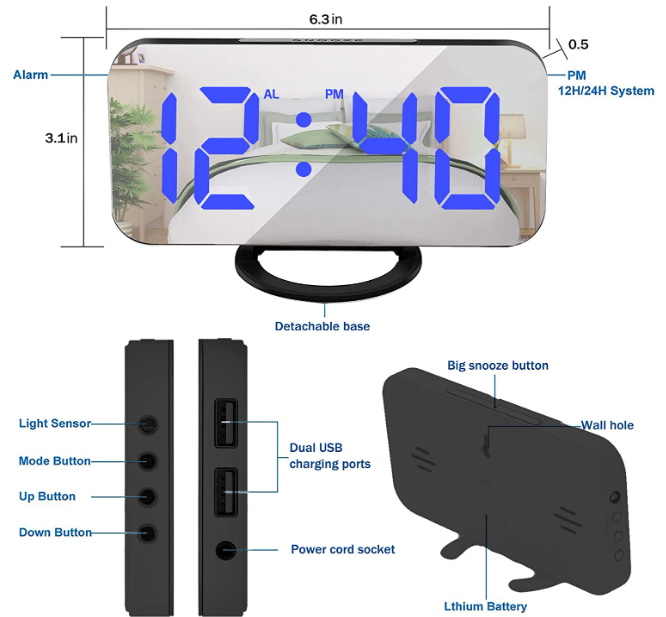 Digital Alarm Clock, 6.6" Large Mirrored LED Clock with Dual USB Charger Ports B