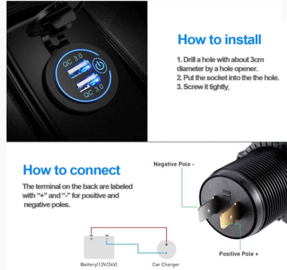 Quick Charge 3.0 Dual USB Power Outlet with Touch Switch Waterproof 12V/24V