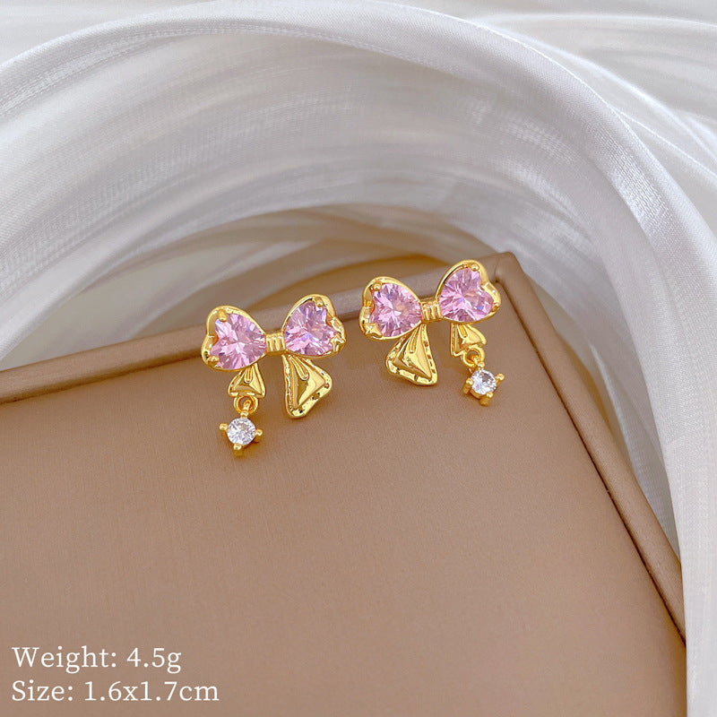 Pink Ribbon Gold Crystal Earrings