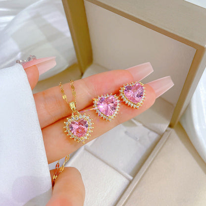 Sweetheart Pink Crystal Gold Necklace & Earrings Set