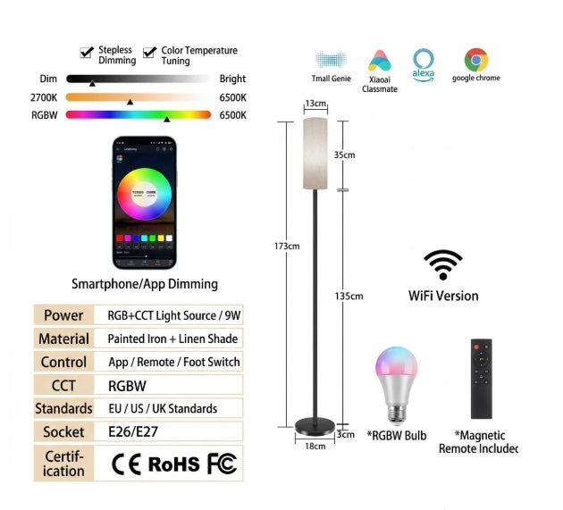 Smart RGBW LED Floor Lamp with Magnetic Remote Controls