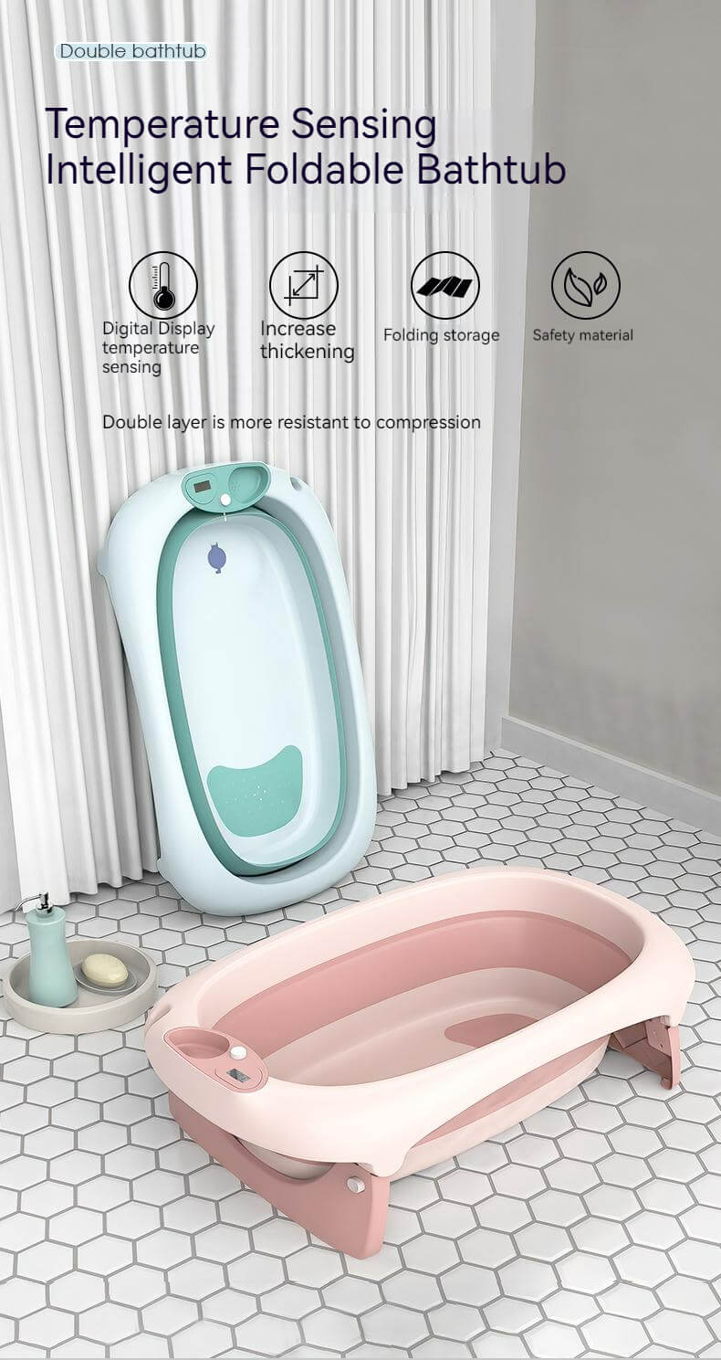 Foldable Bath Tub for Newborn, Baby & Kids With Thermometer-Grey