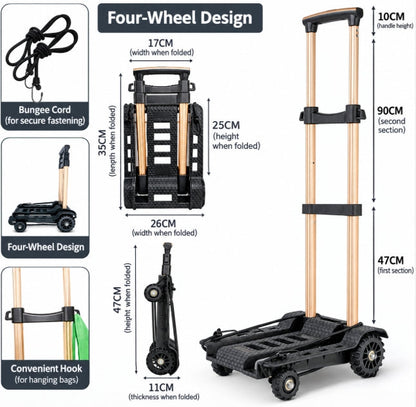 Foldable 4-Wheel Hand Trolley Cart with Adjustable Handle, Compact Folding Platform Cart