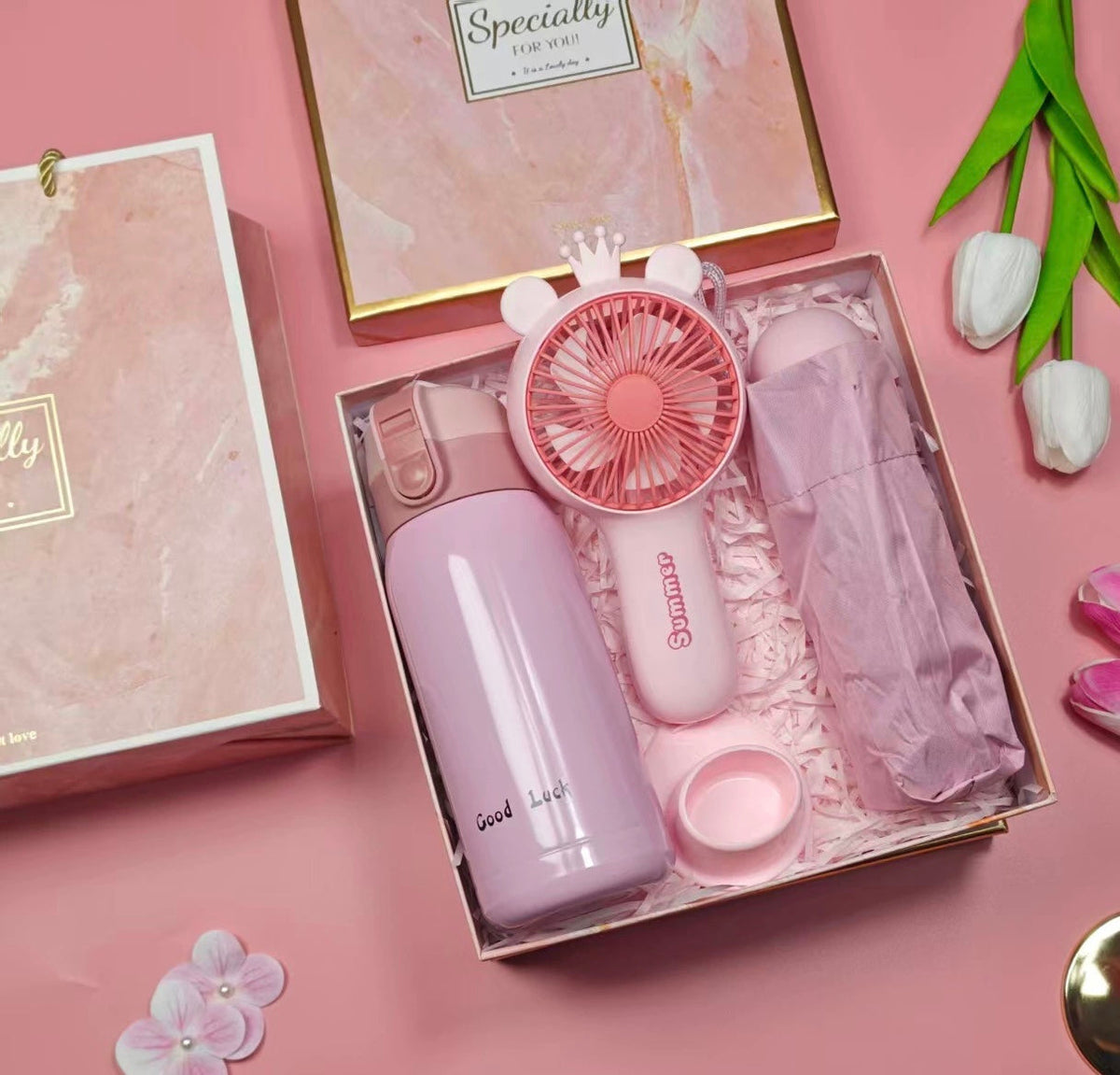 3-in-1 Pink Gift Set – Insulated Drink Bottle + Handheld Fan + Compact Umbrella