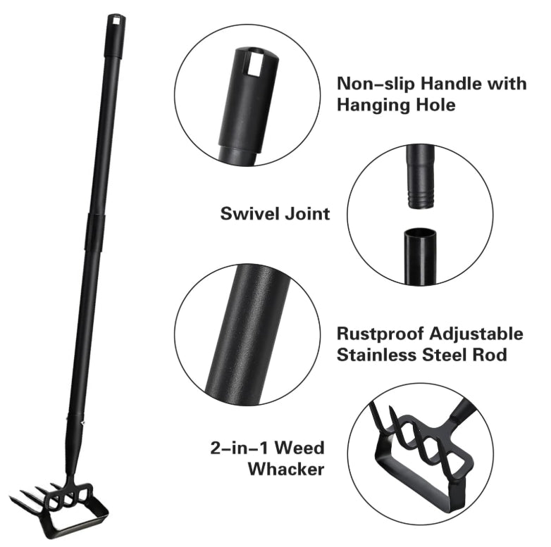 30-62 inch Adjustable Long Handle Stirrup Hoe Rake Heavy Duty Rake Tiller for Digging