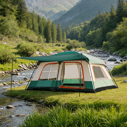 Family Cabin Camping Tent with Sunshade Awning QLY7133
