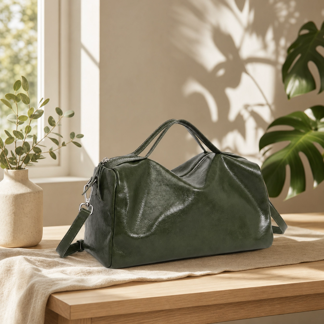 The Emerald Horizon Leather Duffle Bag Adjustable Strap