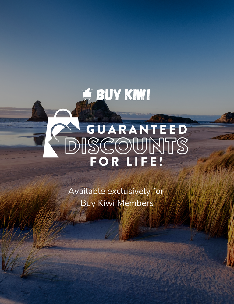 Beach scene with promotional text for Buy Kiwi guaranteed discounts.