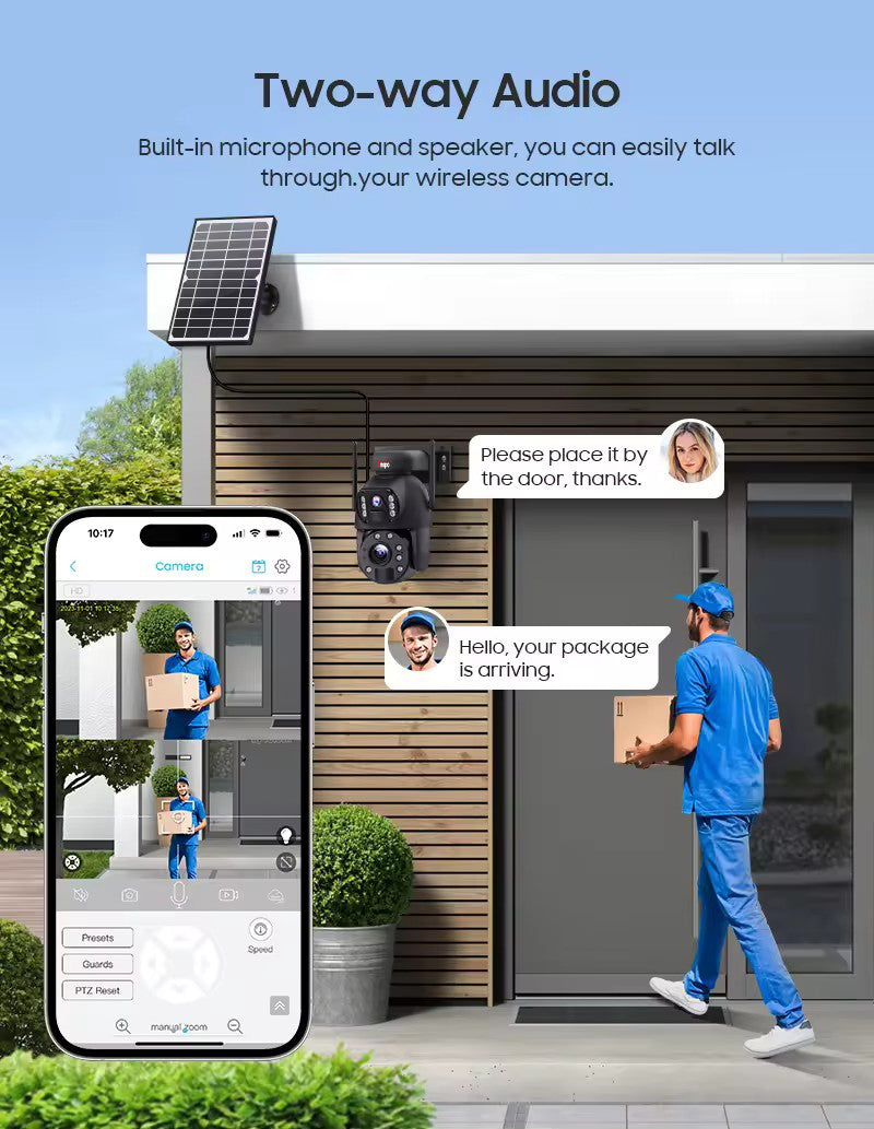 Dual camera WIFI SOLAR security camera wireless free batteries with 64GB card