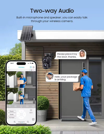 Dual camera WIFI SOLAR security camera wireless free batteries with 64GB card